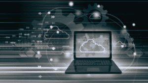 black and white computer in clouds surrounded by code