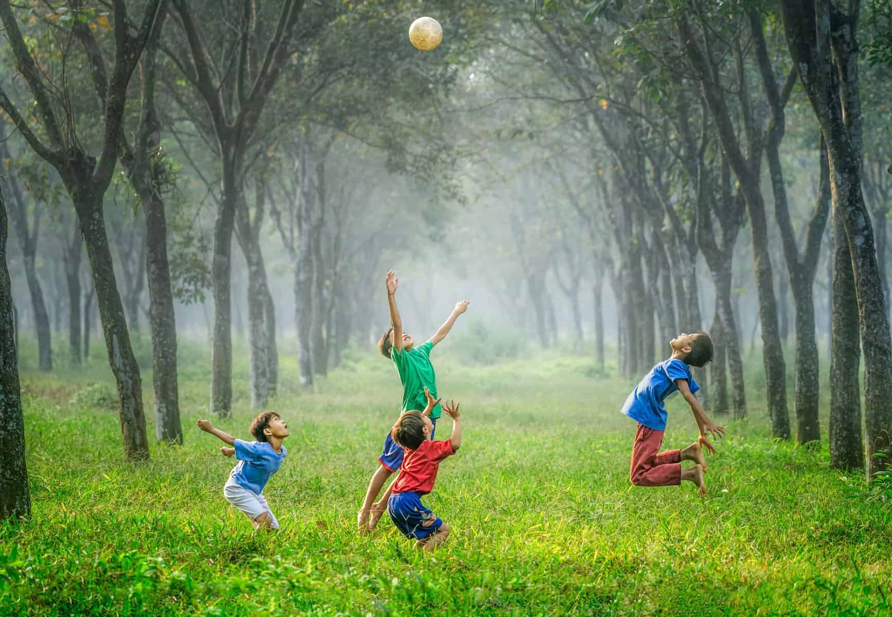 4 boys playing with a ball in field surrounded by trees