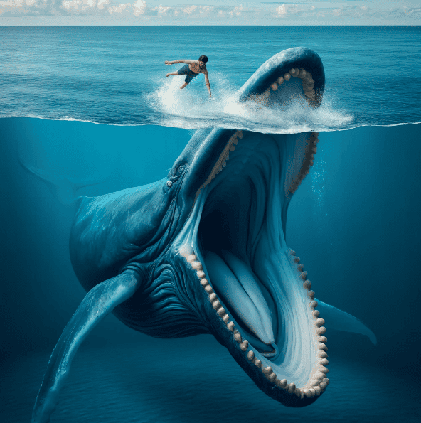 whale in ocean underwater man on top of water falling into whale's mouth