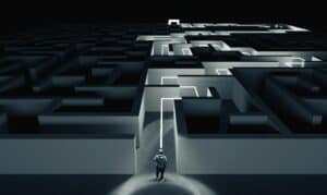 black and white image maze with highlighted path.