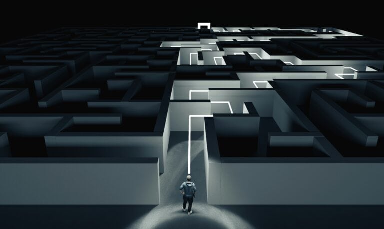 black and white image maze with highlighted path.