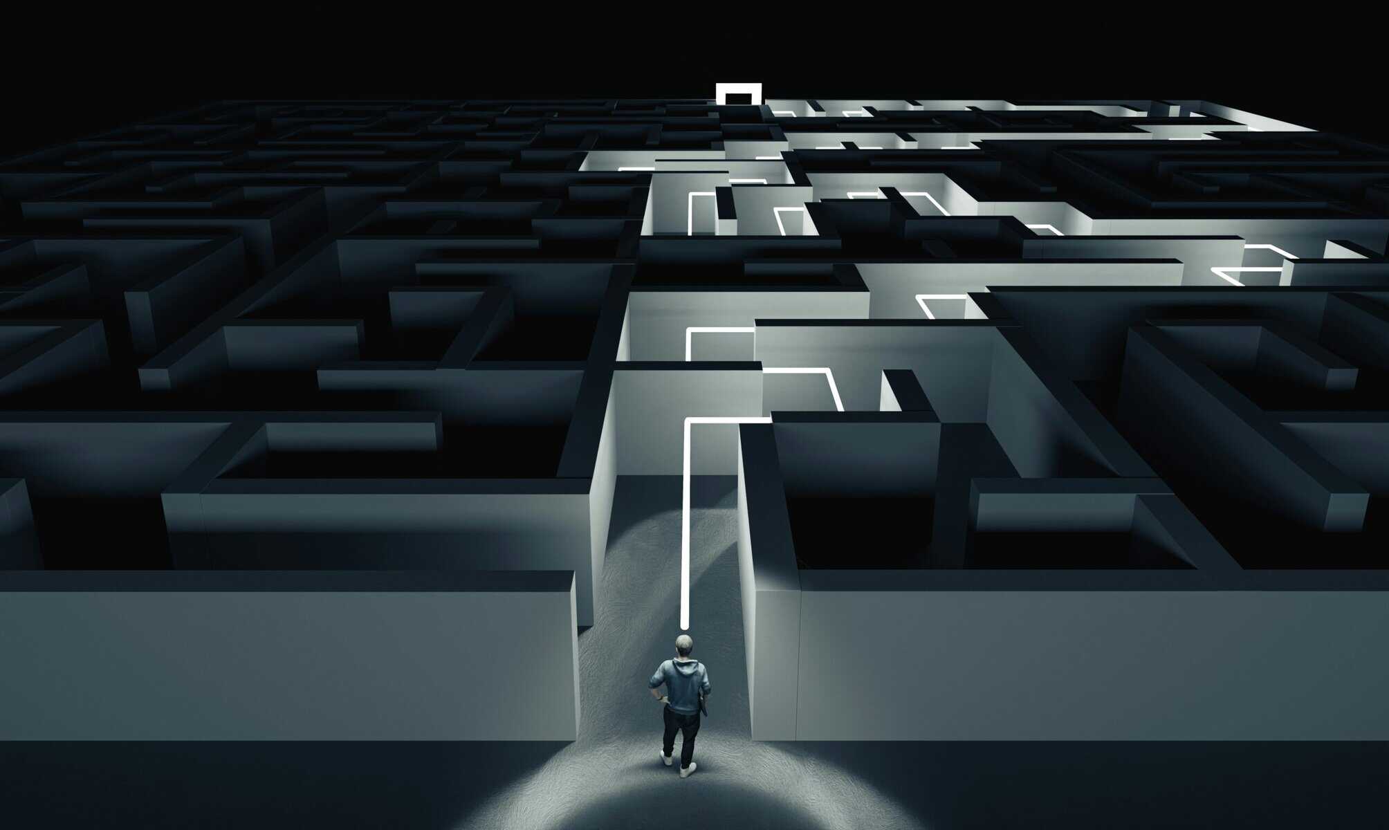 black and white image maze with highlighted path.