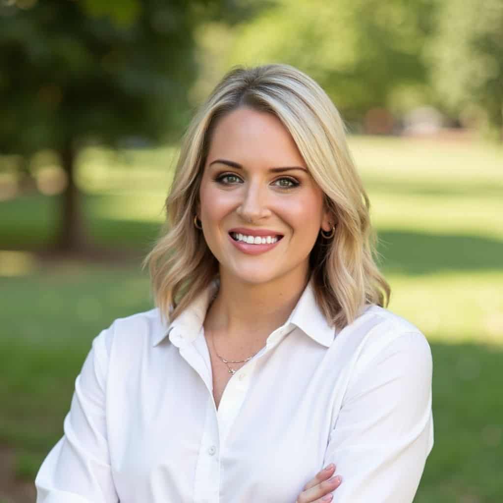 Whit Anderson 1 corporate headshot of blonde female sales consultant in white shirt