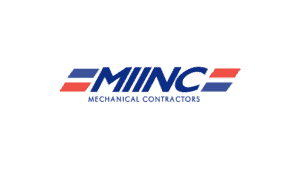 MIINC Mechanical Contractors logo red and blue stripes name in capital blue letters