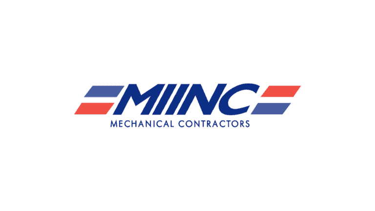 MIINC Mechanical Contractors logo red and blue stripes name in capital blue letters