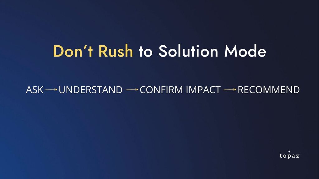 How to Prepare Salespeople and Subject Matter Experts for Better Sales Calls 1 topaz branded graphic showing the four steps to not rush into solution mode. shows yellow arrowed path between steps