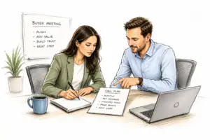 male salesperson and a female subject expert having a subject matter meeting before a prospect call