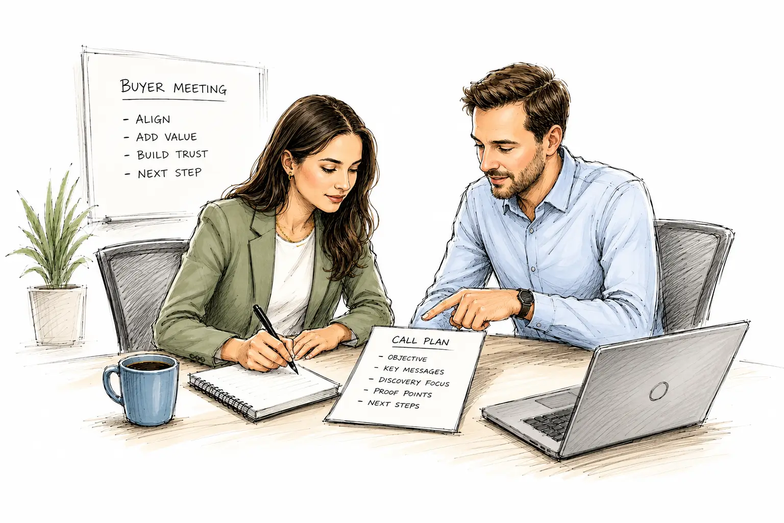 Topaz Sales Training 10 male salesperson and a female subject expert having a subject matter meeting before a prospect call