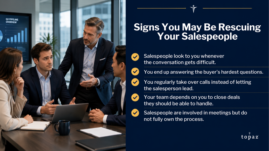 Stop Rescuing Your Salespeople: Why Sales Managers Need to Coach, Not Save 1 Sales manager steps into a team meeting beside five signs that leaders may be rescuing salespeople instead of coaching them to lead buyer conversations.